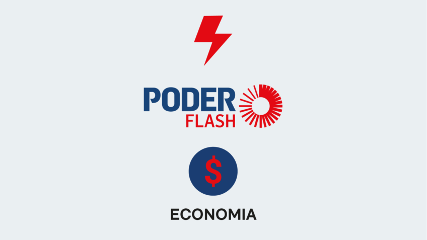 A imagem mostra o símbolo de um raio, uma referência à palavra "flash", a logotipo do Poder Flash e um símbolo que representa a economia.