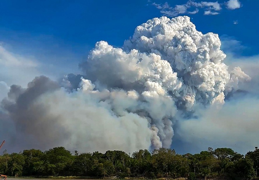 Coluna de fumaça se ergue de floresta em chamas em Porto Jofre, no Mato Grosso do Sul