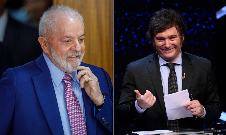 O presidente Luiz Inácio Lula da Silva e o candidato à presidência da Argentina, Javier Milei (à direita)