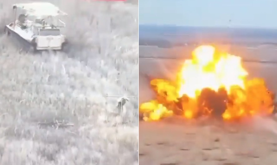 Soldado russo pula de 'tanque kamikaze' momentos antes de explosão, na Ucrânia