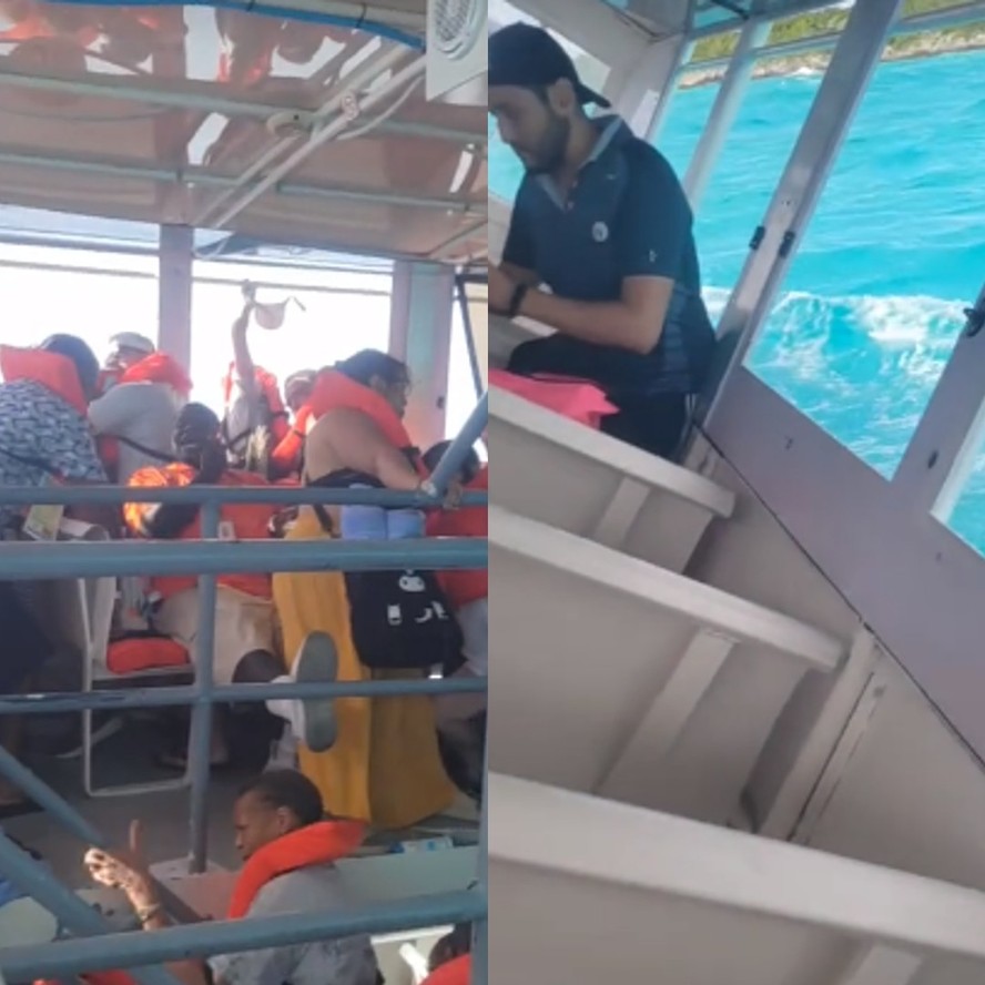 Turistas se seguram em segundo andar de balsa que começou a afundar nas Bahamas