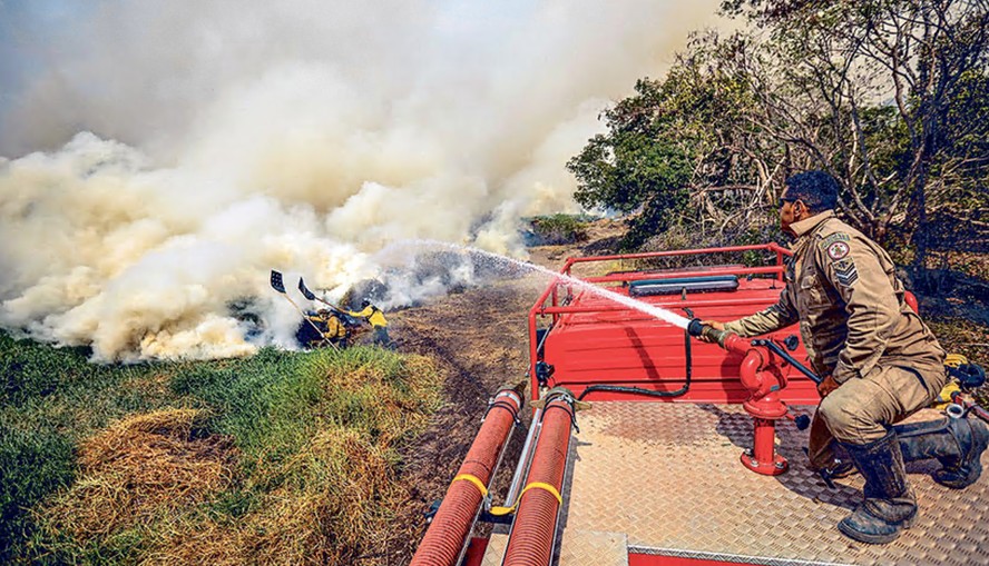 Brigadistas do ICMBIO agem para combater as altas chamas no Pantanal durante a onda de calor que assolou o país ao longo da semana passada