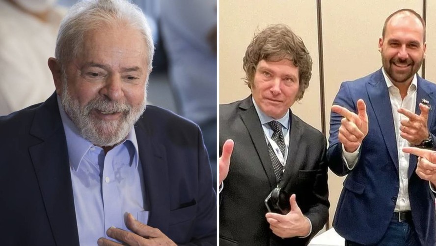 O presidente Lula (PT) e o presidente eleito da Argentina, Javier Milei, ao lado do deputado federal Eduardo Bolsonaro