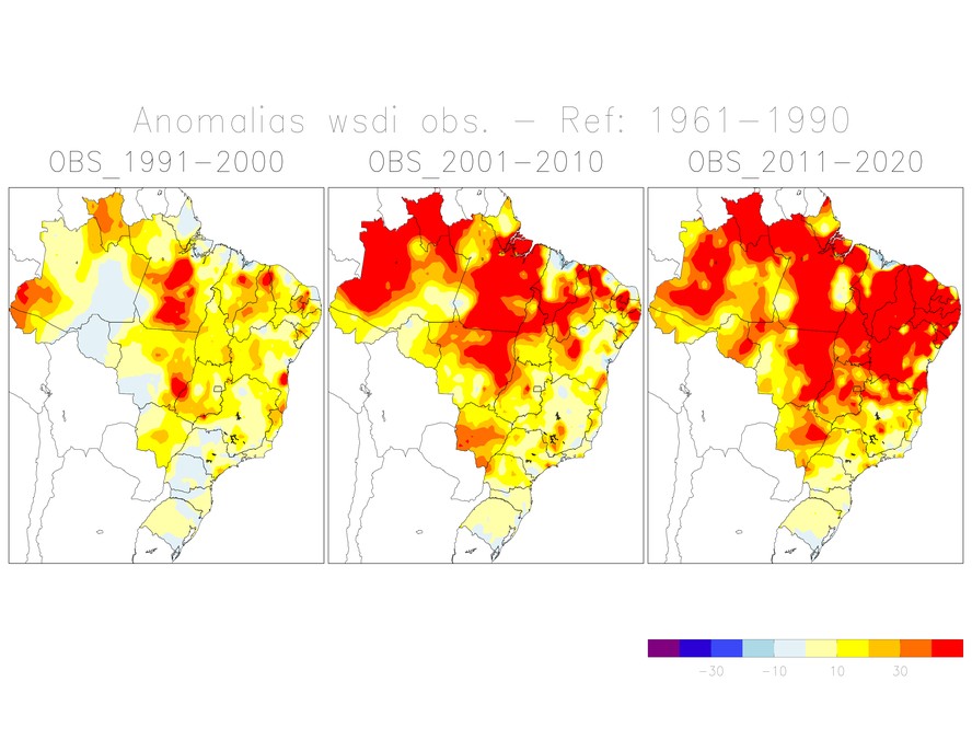 Sequência de mapas mostra aumento da ocorrência de ondas de calor ao longo das últimas três décadas no Brasil