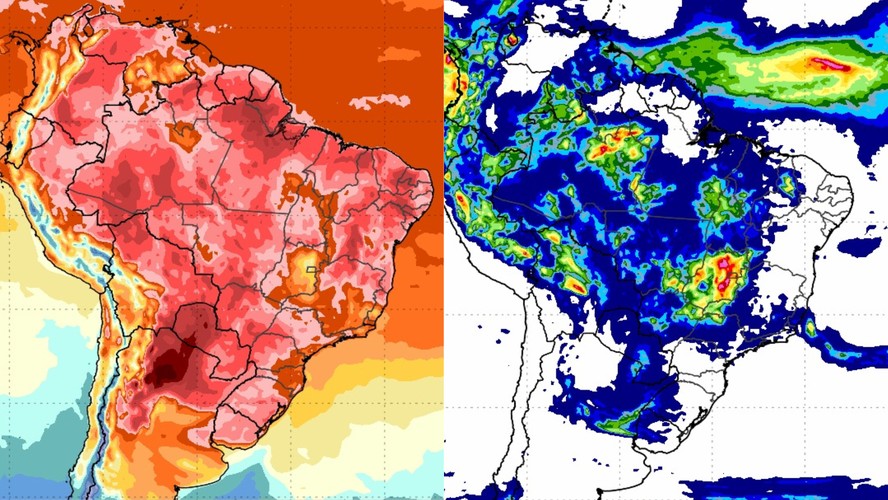 Mapas mostram, respectivamente, incidências de temperaturas e de chuvas pelo território brasileiro