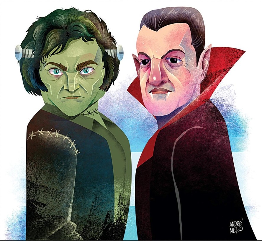 Ilustração mostrando os candidatos à Presidência da Argentina Javier Milei e Sergio Massa caracterizados como os personagens Frankenstein e Drácula