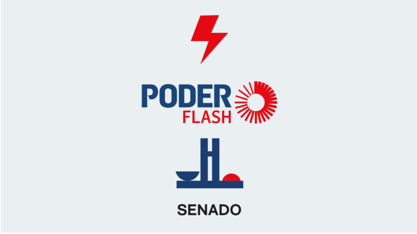 A imagem mostra o símbolo de um raio, uma referência à palavra "flash", a logotipo do Poder Flash e um símbolo que representa o Senado Federal.