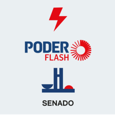 A imagem mostra o símbolo de um raio, uma referência à palavra "flash", a logotipo do Poder Flash e um símbolo que representa o Senado Federal.
