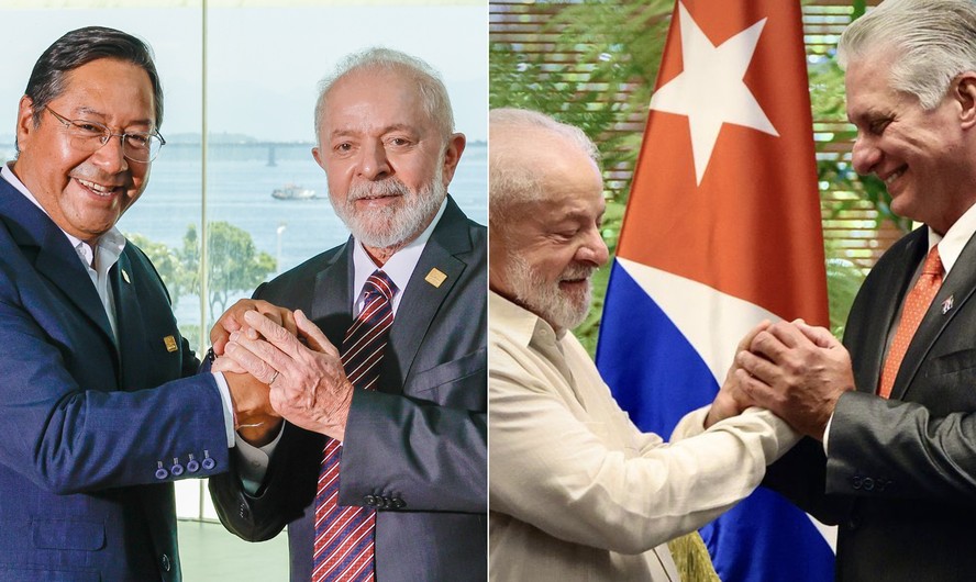 O presidente Lula com o líder boliviano, Luis Arce, na esquerda, e com o líder cubano, Miguel Díaz-Canel