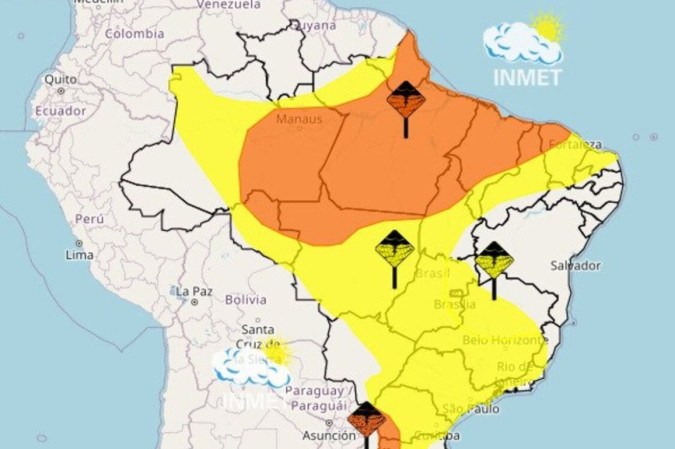 Avisos indicam perigo potencial e perigo de chuvas em quase todos os estados do país -  (crédito: Inmet/Divulgação)