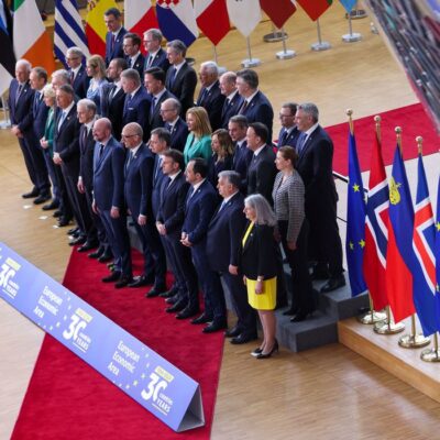 European Union leaders pose for a family photo together with their counterparts of the European Economic Area, Iceland and Norway, to mark the 30th anniversary of their relationship, in Brussels, Belgium March 22, 2024. REUTERS/Johanna Geron