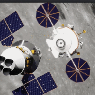 Animação mostra o módulo lunar chinês 'Lanyue' (D) separando-se da nova nave espacial tripulada 'Mengzhou' (E) e pousando na Lua