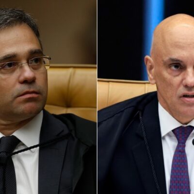 Ministros do STF trocam farpas. À esquerda, André Mendonça e, à direita, Alexandre de Moraes