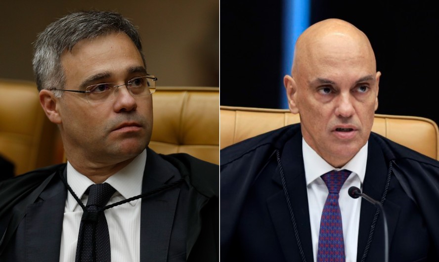 Ministros do STF trocam farpas. À esquerda, André Mendonça e, à direita, Alexandre de Moraes