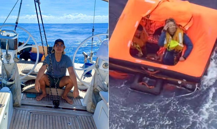 Marcelo Osanai em alto mar e no momento do resgate