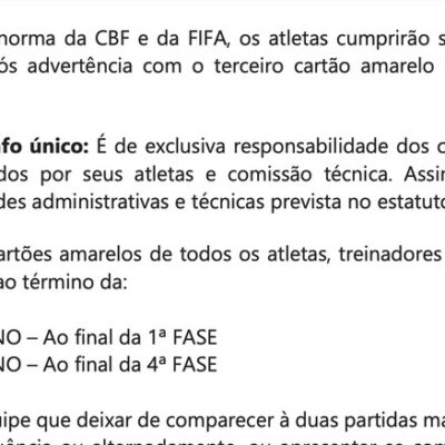 Regulamento do Campeonato Potiguar 2024 trata sobre os cartões amarelos — Foto: FNF/Reprodução