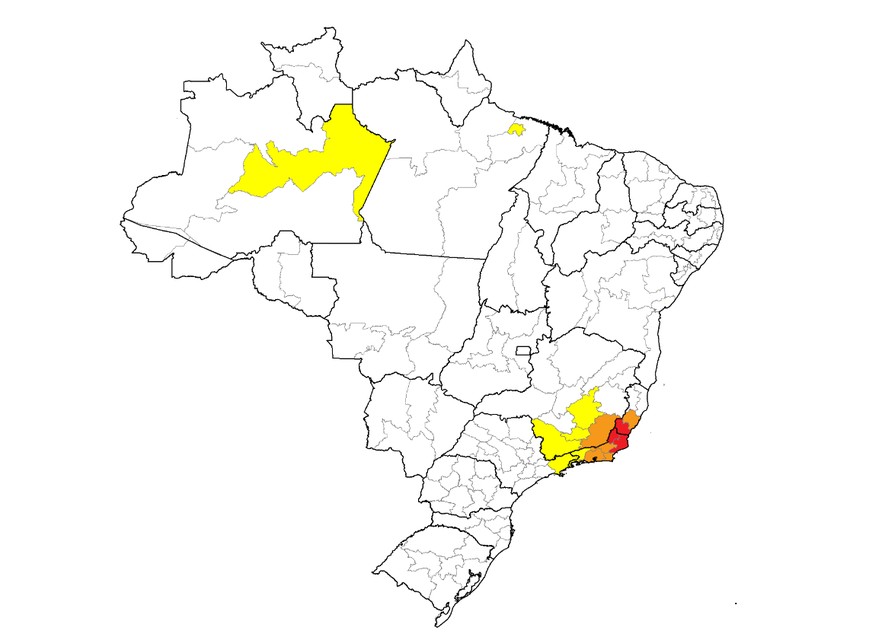 Mapa do Cemaden indica risco 'muito alto' (vermelho), 'alto' (laranja) e 'moderado' (amarelo) trazido por chuvas