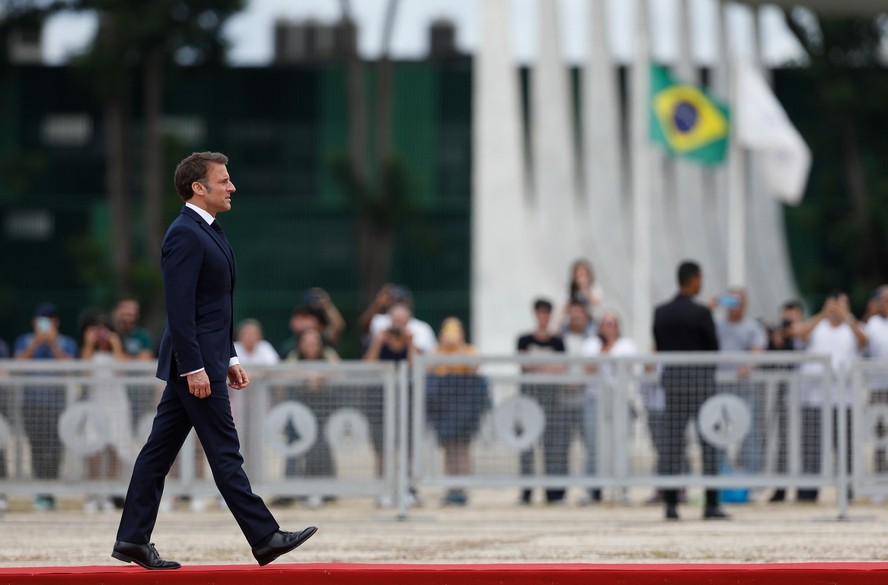 O presidente francês Emmanuel Macron no Palácio do Planalto, Brasília
