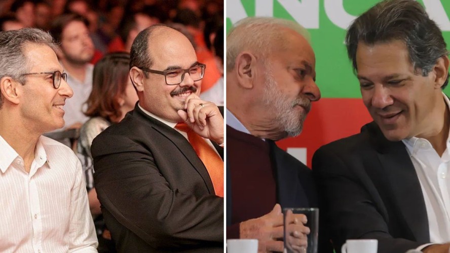 O governador Romeu Zema ao lado de seu vice, Matheus Simões; o presidente Lula e o ministro da Fazenda, Fernando Haddad