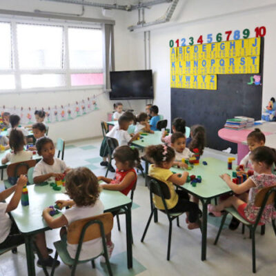 Sala de aula de uma creche, com as crianças sentadas em grupos