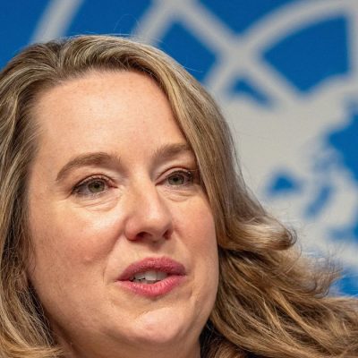 FILE PHOTO: Amy Pope, the new director general of the International Organization for Migration (IOM) attends a news conference in Geneva, Switzerland October 2, 2023.  REUTERS/Denis Balibouse/File Photo