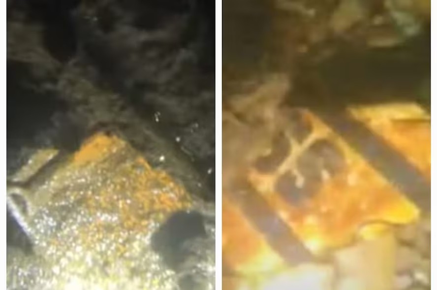 Imagens comparativas da placa de identificação de compartimentos internos encontrada em Quequén com imagens reais de um submarino da frota alemã