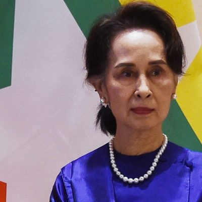 Aung San Suu Kyi, ex-dirigente de Mianmar, durante recepção no Palácio Presidencial de Naypyidaw em 2020