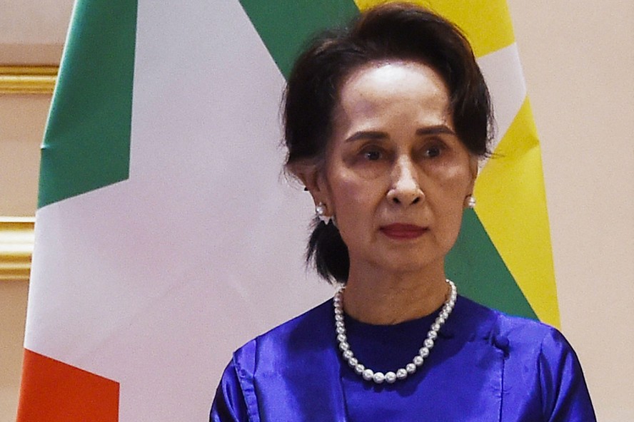 Aung San Suu Kyi, ex-dirigente de Mianmar, durante recepção no Palácio Presidencial de Naypyidaw em 2020