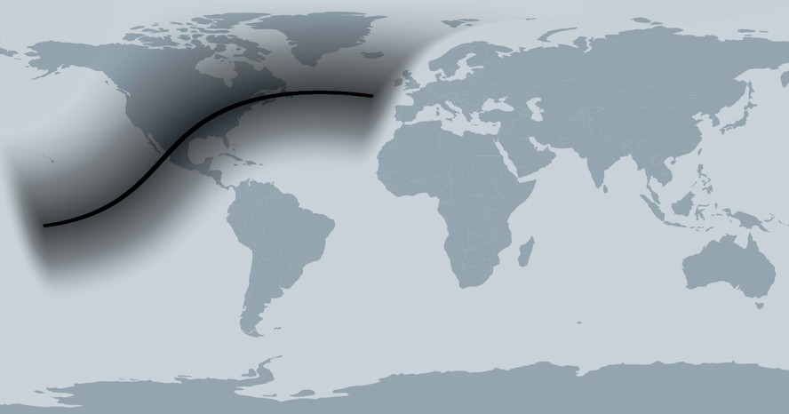 A trajetória do eclipse de 8 de abril de 2024 com a umbra (oclusão total) na faixa mais fosca