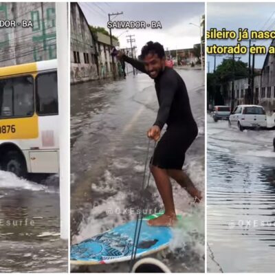 Homem viraliza após publicar vídeo surfando em ruas alagadas de Salvador