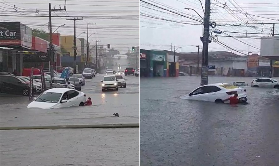 Homem tenta resgatar carro em enchente em Aracaju