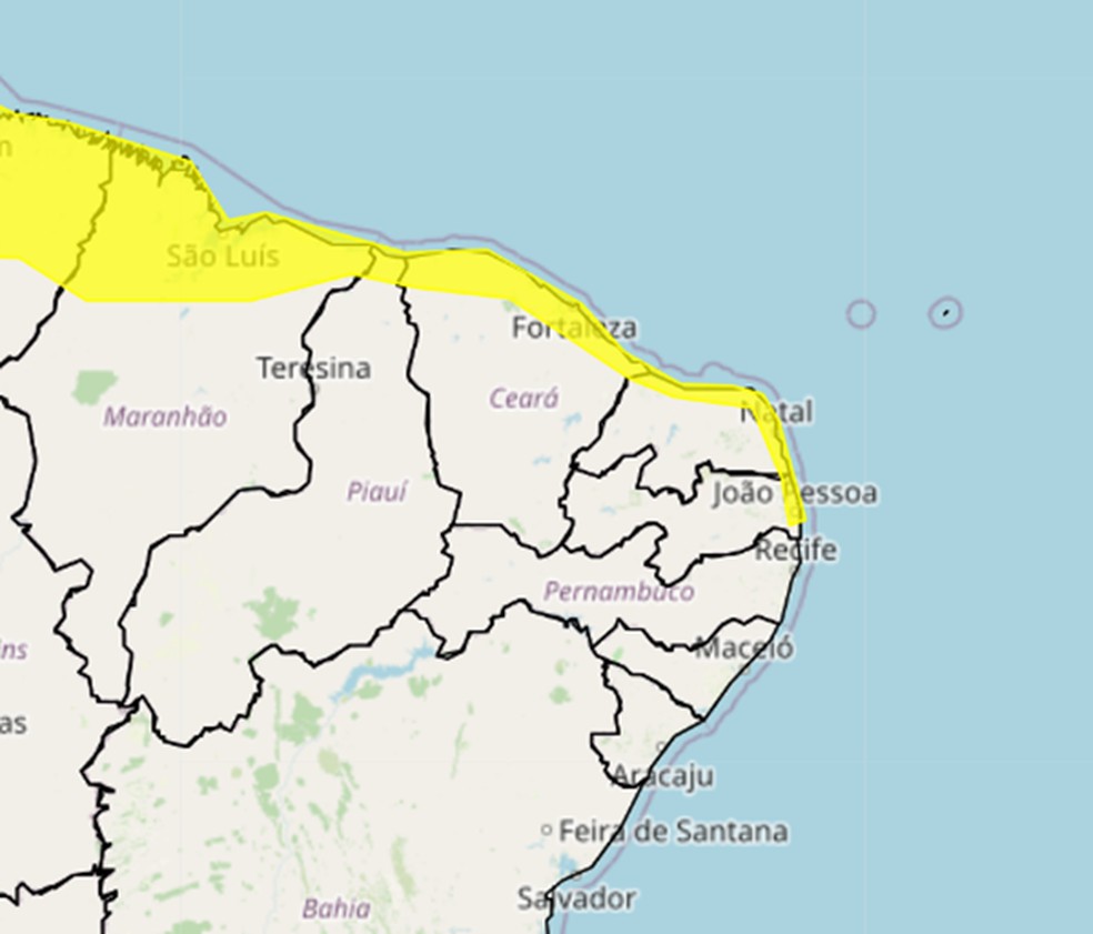Alerta é da cor amarela para o litoral potiguar — Foto: Divulgação/Inmet