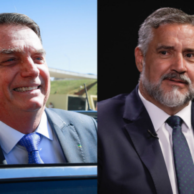 Na foto, o ex-presidente Jair Bolsonaro (dir) e o ex-chefe da Secom e agora ministro extraordinário da reconstrução do RS Paulo Pimenta (esq)