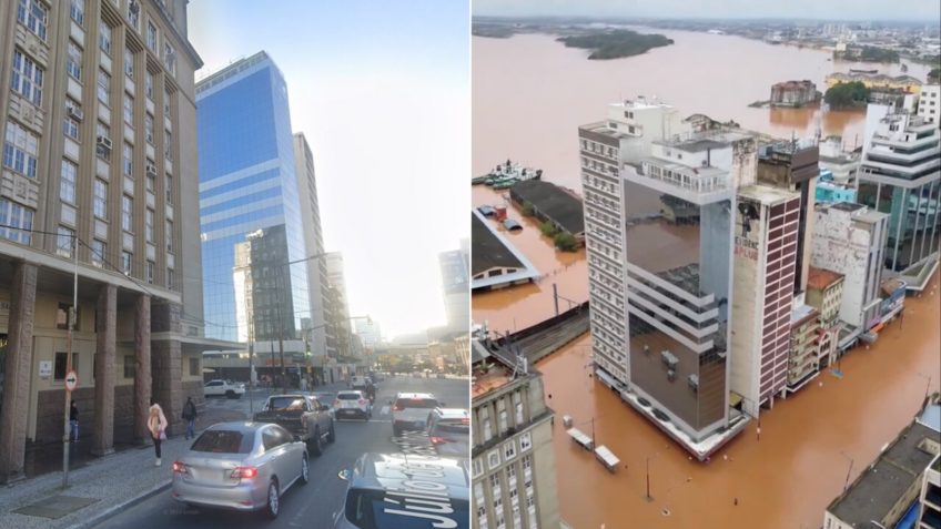 Porto Alegre antes e depois de ser alagada nesta 6ª feira (3.mai.2024)