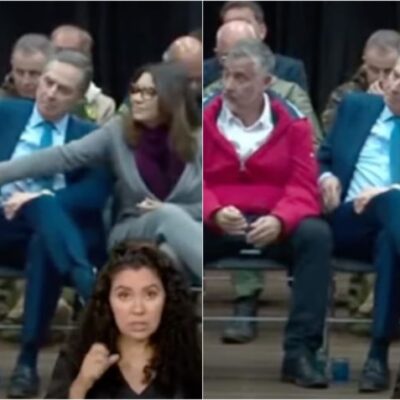 Na imagem, reprodução do vídeo em que é possível ver que Janja reclama com Paulo Pimenta pelo uso do celular durante discurso de Lula no Rio Grande do Sul