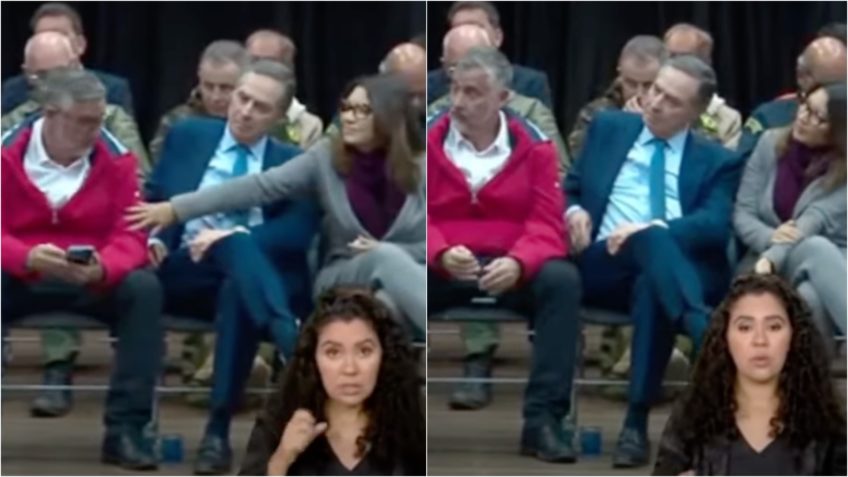 Na imagem, reprodução do vídeo em que é possível ver que Janja reclama com Paulo Pimenta pelo uso do celular durante discurso de Lula no Rio Grande do Sul