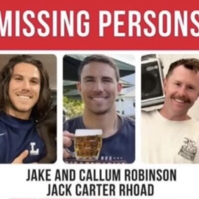 Cartaz de desaparecidos: os irmãos australianos Jake e Callum Robinson e o amigo americano Jack Carter