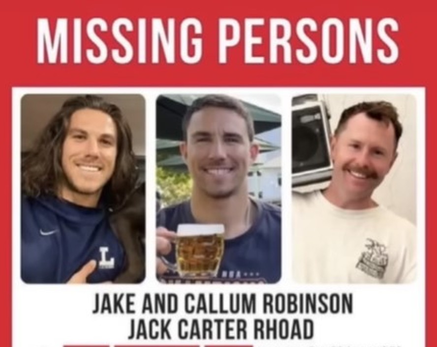 Cartaz de desaparecidos: os irmãos australianos Jake e Callum Robinson e o amigo americano Jack Carter