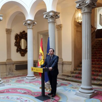 O ministro das Relações Exteriores da Espanha, José Manuel Albares, em entrevista coletiva em 6 de junho de 2024.