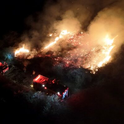 Foto divulgada pelo Corpo de Bombeiros de Mato Grosso do Sul mostra bombeiros fiscalizando uma área queimada por um incêndio florestal no Bioma Pantanal