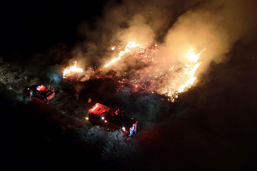 Foto divulgada pelo Corpo de Bombeiros de Mato Grosso do Sul mostra bombeiros fiscalizando uma área queimada por um incêndio florestal no Bioma Pantanal