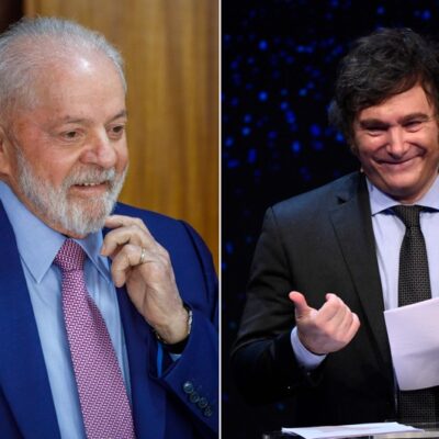 O presidente Luiz Inácio Lula da Silva e o candidato à presidência da Argentina, Javier Milei (à direita)