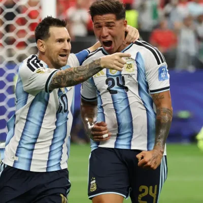 Soccer Football - FIFA World Cup 2026 - Group J - Argentina v Austria - Dallas Stadium, Arlington, Texas, U.S. - June 22, 2026 Argentina's Lionel Messi celebrates scoring their first goal with Enzo Fernandez IMAGN IMAGES via Reuters/Troy Taormina TPX IMAGES OF THE DAY