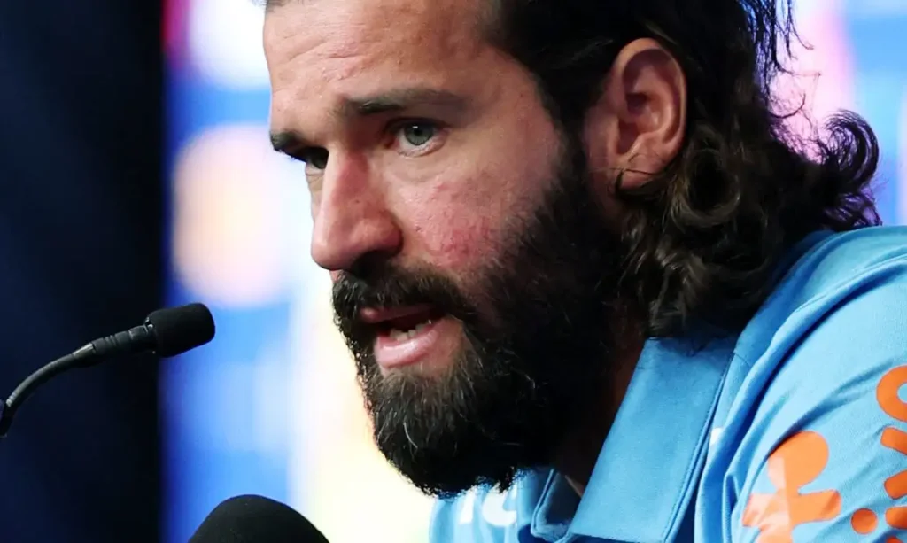Soccer Football - FIFA World Cup 2026 - Brazil Press Conference - The Ridge Hotel, Basking Ridge, U.S. - June 11, 2026 Brazil's Alisson Becker during the press conference IMAGN IMAGES via Reuters/Vincent Carchietta