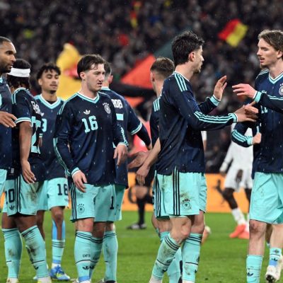 Soccer, Men: International matches, Germany - Ghana, MHPArena, Jonathan Tah (Germany), Kai Havertz (Germany), Angelo Stiller (Germany), Florian Wirtz (Germany) and Nick Woltemade (Germany) celebrate the 1:0 goal.