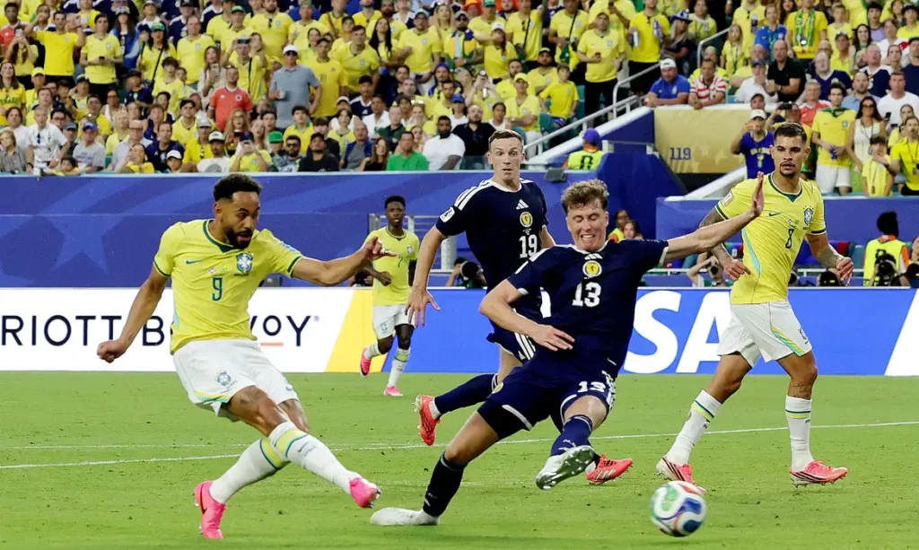 Soccer Football - FIFA World Cup 2026 - Group C - Scotland v Brazil - Miami Stadium, Miami Gardens, Florida, U.S. - June 24, 2026 Brazil's Matheus Cunha scores their third goal REUTERS/Amanda Perobelli     TPX IMAGES OF THE DAY