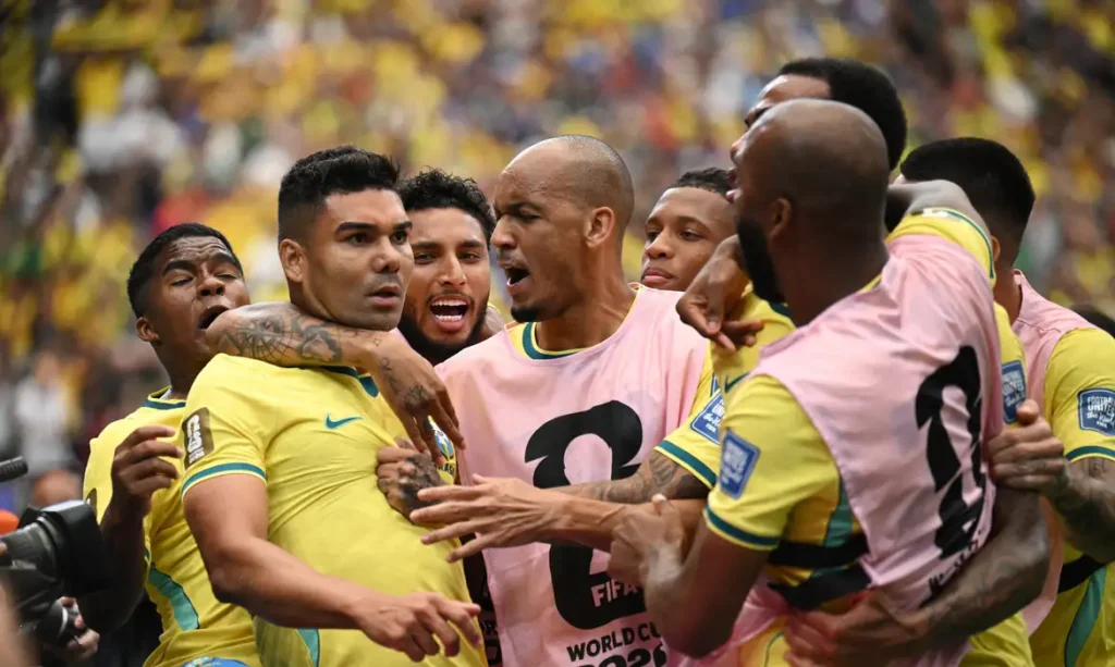 Soccer Football - FIFA World Cup 2026 - Round of 32 - Brazil v Japan - Houston Stadium, Houston, Texas, U.S. - June 29, 2026 Brazil's Casemiro celebrates scoring their first goal with teammates REUTERS/Annegret Hilse