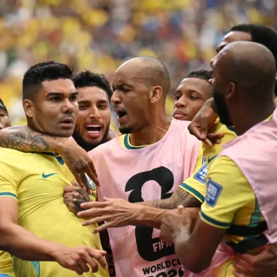 Soccer Football - FIFA World Cup 2026 - Round of 32 - Brazil v Japan - Houston Stadium, Houston, Texas, U.S. - June 29, 2026 Brazil's Casemiro celebrates scoring their first goal with teammates REUTERS/Annegret Hilse
