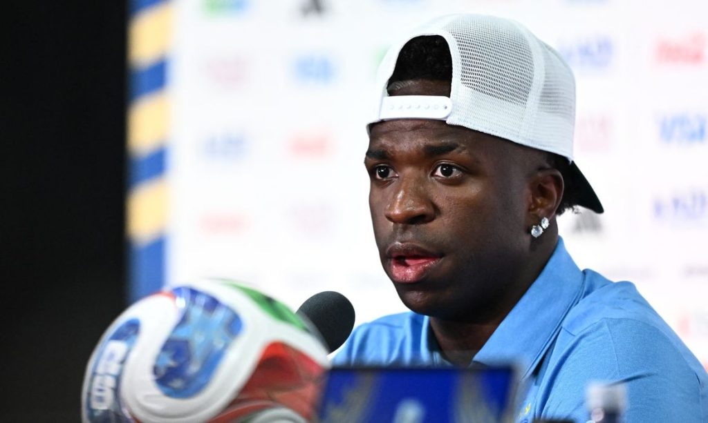 Soccer Football - FIFA World Cup 2026 - Brazil Press Conference - New York/New Jersey Stadium, East Rutherford, New Jersey, U.S. - June 12, 2026  Brazil's Vinicius Junior during the press conference REUTERS/Dylan Martinez