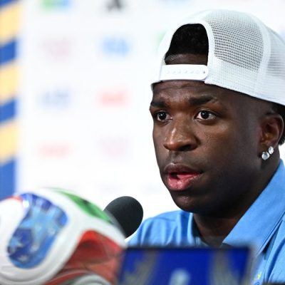 Soccer Football - FIFA World Cup 2026 - Brazil Press Conference - New York/New Jersey Stadium, East Rutherford, New Jersey, U.S. - June 12, 2026 Brazil's Vinicius Junior during the press conference REUTERS/Dylan Martinez